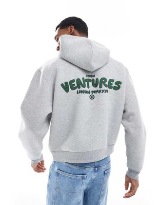 Asos oversized boxy scuba-style fabric hoodie with text graphic in gray