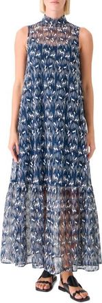 Akris Embroidered Tulle A-line Dress in Dark Blue-Cream at Nordstrom, Size 12