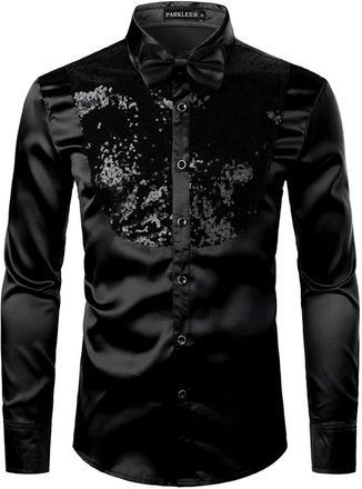PARKLEES Mens Shiny Sequins Design Silk Like Satin Button Up Disco Party Dress Shirts Black Solid S