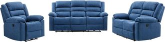 Vente-Unique Sof&aacute; de 3 plazas, 2 plazas y sill&oacute;n relax el&eacute;ctrico de tela azul BUROLO