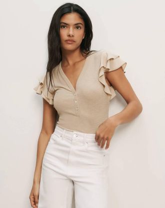 Veronica Beard Aphrodite V-Neck Top In Stone Khaki Multi