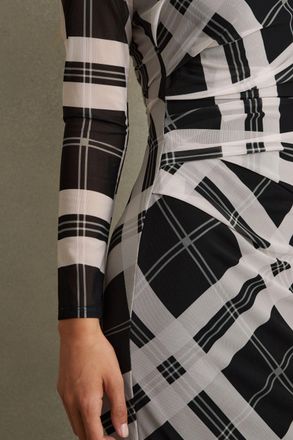 Reiss Darla Checked Ruched Midi Dress, 10, Black & cream