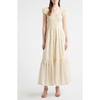 LoveShackFancy Chessie Floral Tiered Midi dress in Lemon Spritz at Nordstrom, Size X-Small