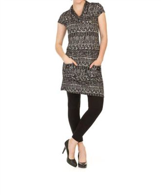 Papillon Global Print Drape Neck Cap Sleeve Dress In Black