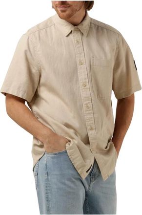 Calvin Klein Linnen Shirt met Korte Mouwen - Heren - Korte mouwen Overhemden - Beige - XS - Linnen - Overhemden