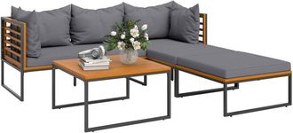 OUTSUNNY Conjunto De Jard&iacute;n Exterior De 4 Piezas En Forma De L Con 2 Sof&aacute;s De 2 Plazas Sof&aacute; De Esquina Y Mesa De Centro De Madera Cojines Gris Y Teca - Outsunn