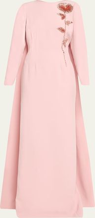 Teri Jon Beaded Floral Crepe Column Gown with Cape