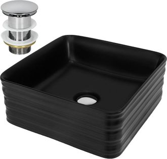 ML Design Lavabo negro cuadrado de cerámica con desagüe plateado