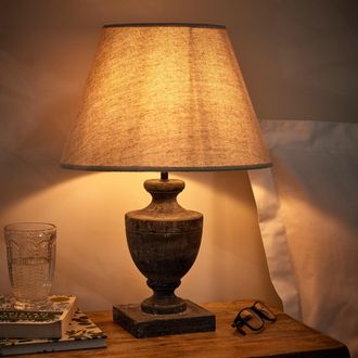 Dibor French Country Table Lamp E14 Dark Brushed Wood Urn Vase Desk Lamp with Linen Shade Bedside Table Night Light Home Office Lamp