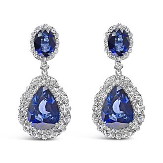 House of Brilliance 18K White Gold Blue Sapphire 2 3/4 Cttw Diamond Halo Drop Dangle Earring (G-H Color, SI1-SI2 Clarity)
