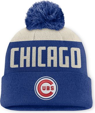Nike Chicago Cubs Cooperstown Peak Nike Mens MLB Cuffed Pom Beanie in White | NB1603TEC78-5JZ