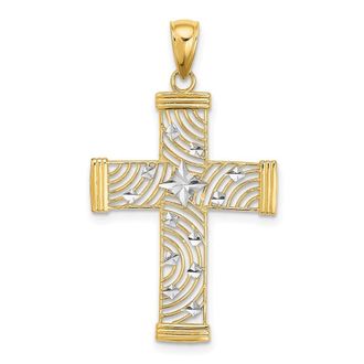 Diamond2Deal 14k Yellow Gold White Rhodium Diamond-cut Stars Cut-Out Cross Charm Pendant