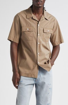 Maison Margiela Embroidered Numeric Logo Short Sleeve Button-Up Shirt in Dune at Nordstrom, Size 38 Us