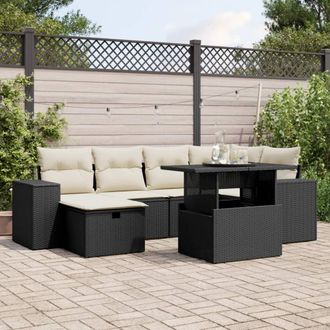 vidaXL Set De Sof&aacute;s De Jard&iacute;n 7 Pzas Con Cojines Rat&aacute;n Sint&eacute;tico Negro Vidaxl