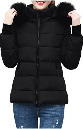 Generic Quilted Jacket Womens Fur Trimmed Hooded Padded Puffer Coat Ladies Winter Padded Down Coat Thickened Warm Coats Full Zip Short Windproof Outerwear wit