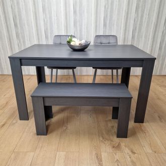 Kosy Koala Modern Dark Grey Dining Table Set with 2 Grey Velvet Chairs & 1 Bench in Brown