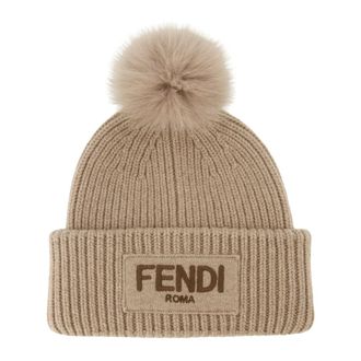 Fendi Pompon Beanie - Dames - Hoeden - Bruin - S/M - Wol - Accessoires