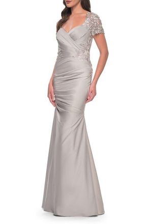 La Femme Satin Evening Dress with Lace and Scoop Neckline in Silver at Nordstrom, Size 14