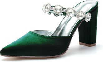 Generic Wedding Shoes Bridal Block Heels Womens Rhinestone Pointed Toe Pumps High Heels Satin Bridal Party Dress High Heels Sandals 9Cm,Dark Green,10 UK