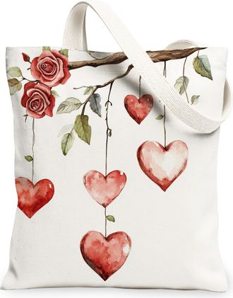 Generic Floral Canvas Tote Bags, Heart Pattern Reusable Grocery Bags, Spring Vintage Lightweight Washable Shoulder Strap Canvas for Outdoor Travel Picnic 13x1
