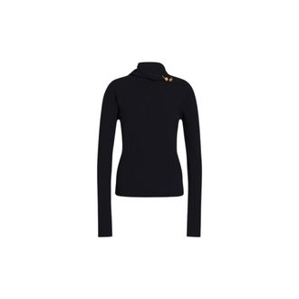 Alberta Ferretti Wool- silk and cashmere turtleneck Jumper with floral brooch - female - Alberta Ferretti - Turtlenecks - Blue - 2XL - Knitwear