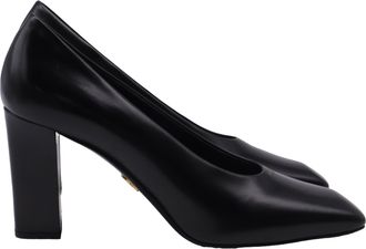 Prada black 85mm Gold Logo Square Toe Pumps in Black Leather