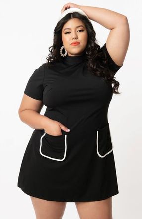 Unique Vintage Plus Size Mock Neck Short Sleeve Wave Maker Shift Dress in Black at Nordstrom, Size 4 X