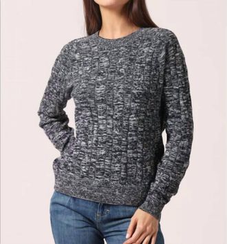 Minnie Rose Cotton Marled Cable Crew Top In Navy/white