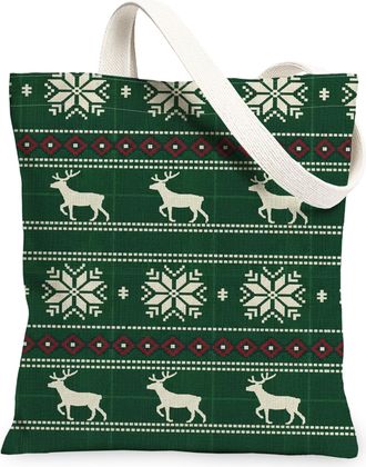 Generic Christmas Reindeer Canvas Tote Bags, Snowflake Pattern Reusable Grocery Bags, Winter Rustic Washable Shoulder Strap Canvas, Green, 13x15 Inch