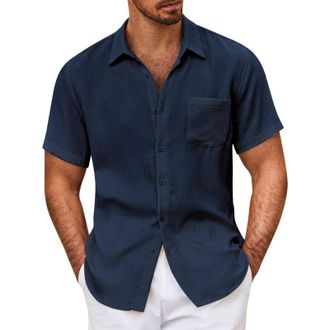 Generic Mens Tall A Shirts Solid Color Loose Pocket Short Sleeved Shirt (Navy, XXXXL)