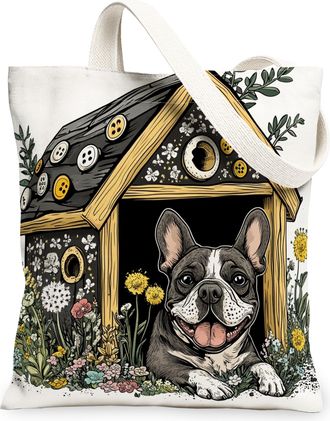 Generic Spring Cane Corso Dog Canvas Tote Bag for Shopping 13x15, Fun Flower Puppy Kennel Reusable Grocery Print Pattern Bag for Women, Cute Pet Beach Aesthet