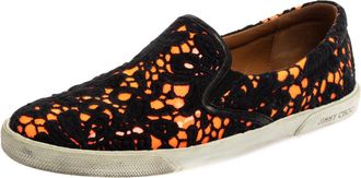 Jimmy Choo London Black/neon Orange Lace And Patent Leather Demi Slip-On Sneakers