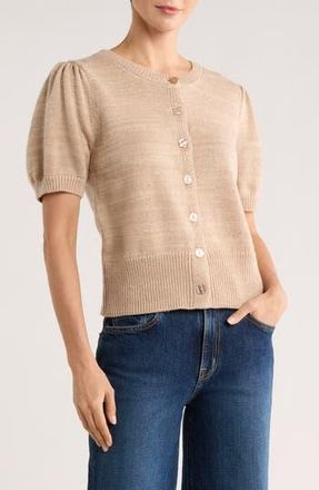 Bobeau Puff Short Sleeve Button Front Cardigan in Heather Oatmeal at Nordstrom Rack, Size X-Small