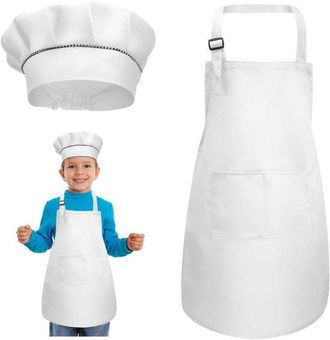 OEM Delantal Infantil Ajustable Con Gorro De Chef Y 2 Bolsillos Para Cocinar, Pintar Y Hacer Manualidades (7-13 A&ntilde;os), Blanco