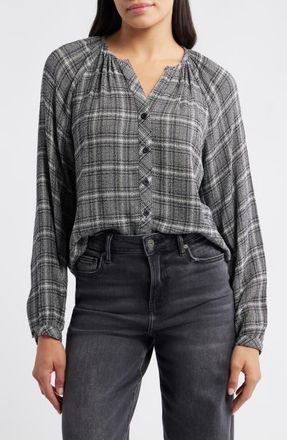 Cloth & Stone Plaid Raglan Sleeve Button-Up Shirt in Black/Winter Grey Plaid at Nordstrom, Size X-Small