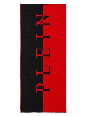 Philipp Plein Mens Wool Blend Knit Logo Scarf In Black/red