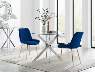 Furniturebox Novara 100cm Round Dining Table & 2 Pesaro Gold Leg Chairs in Navy