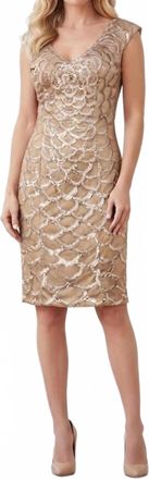 Sue Wong Womens Cap Sleeve Embroidered Scalloped Dress In Beige