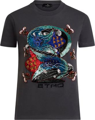 Etro sequin-embellished graphic t-shirt - women - Cotton - L - Grey