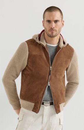 Brunello Cucinelli Suede and cashmere knit hooded bomber jacket with Thermore padding in Brown at Nordstrom, Size Xx-Large