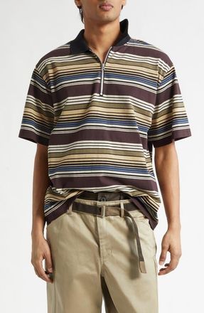 sacai Horizontal Stripe Quarter Zip Polo in Brown/Beige at Nordstrom, Size 3