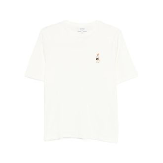 Maison Kitsun&eacute; T-Shirts, female, Beige, Size: XS Fox Embroidery Round Neck Short Sleeve T-shirt