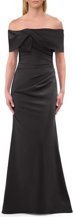 La Femme Off-the-Shoulder Gown with Draped Bow Detail in Black at Nordstrom, Size 18
