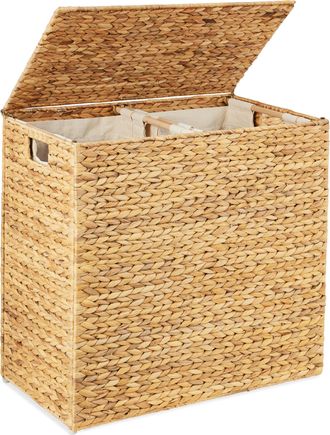 Best Choice Products Large Natural Water Hyacinth Double Laundry Hamper Basket w/ 2 Liner Bags, Handles