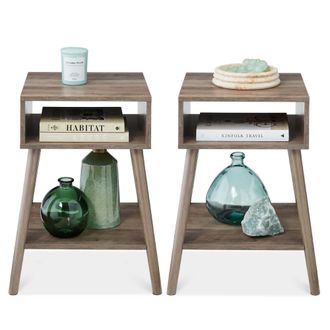 Best Choice Products Set of 2 Mid-Century Modern End Tables w/ Cubby Storage, Lower Shelf, Offset Legs