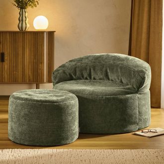 Icon Brand Orb Accent Chair & Milano Round Footstool Chenille in Olive