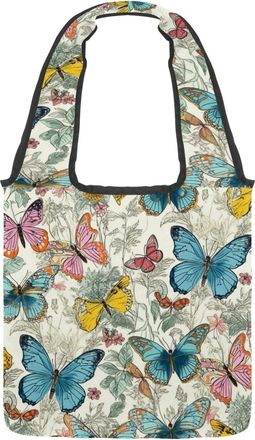 Generic Pink Blue Yellow Butterflies Reversible Canvas Shoulder Tote - Double-Sided Print, 12oz Cotton, 27cm Drop, Fold-Flat Bag for Travel, Shopping, Street 