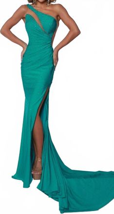 Johnathan Kayne Asymmetric Illusion Cutout Prom Gown In Jade