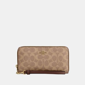 Coach Womens Long Zip Around Wallet in Signature Canvas - Dark Brown - One Size