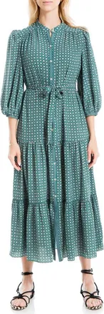 Max Studio Crepe 3/4 Sleeve Button Front Maxi Dress in Sprhnsqp-Spruce Hexagon N Square Panel at Nordstrom Rack, Size Medium Regular